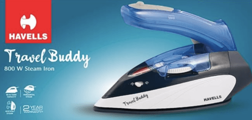 Havells Plastic Travel Buddy 800 Watt Steam Iron With Steam Burst, Cermanic Sole Plate, Foladable Handle, Horizontal & Vertical Steaming, 2 Years Warranty. (Blue Grey), 800 Watts - Image 2